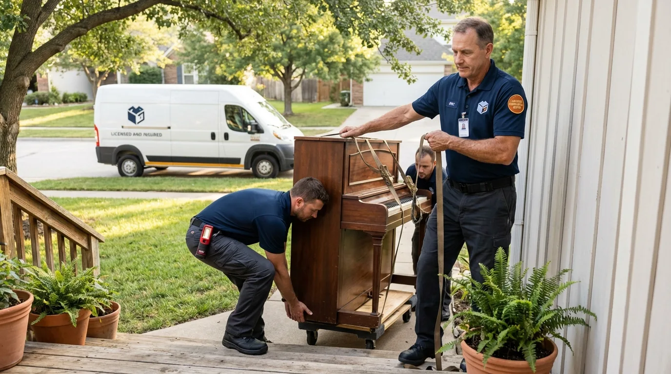 Licensed piano movers securing grand piano in Shady Spring, WV